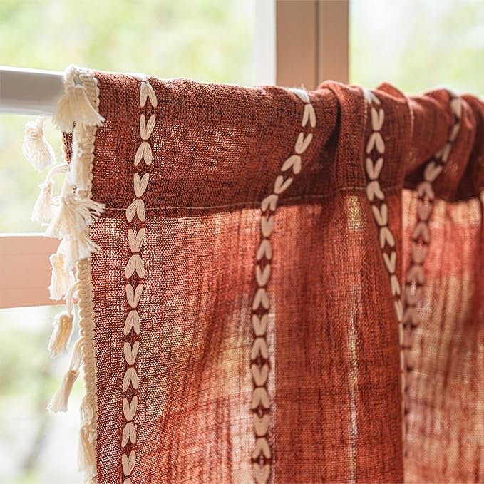 Sutuo Home Boho Valance Short Curtains For Windows Tier, Bohemian Linen Tassles Light Filtering Vintage French Country Window Treatment Fall Curtain Drape, Rod Pocket 1 Panel 52" W x 18" L, Terracotta