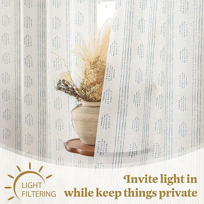 Boho Linen Curtains for Bedroom Living Room Blue Farmhouse Boho Curtains 96 Inches Long Geometric Striped Patterned Mudcloth Grommet Top Light Filtering Window Drapes 2 Panels Blue on Beige