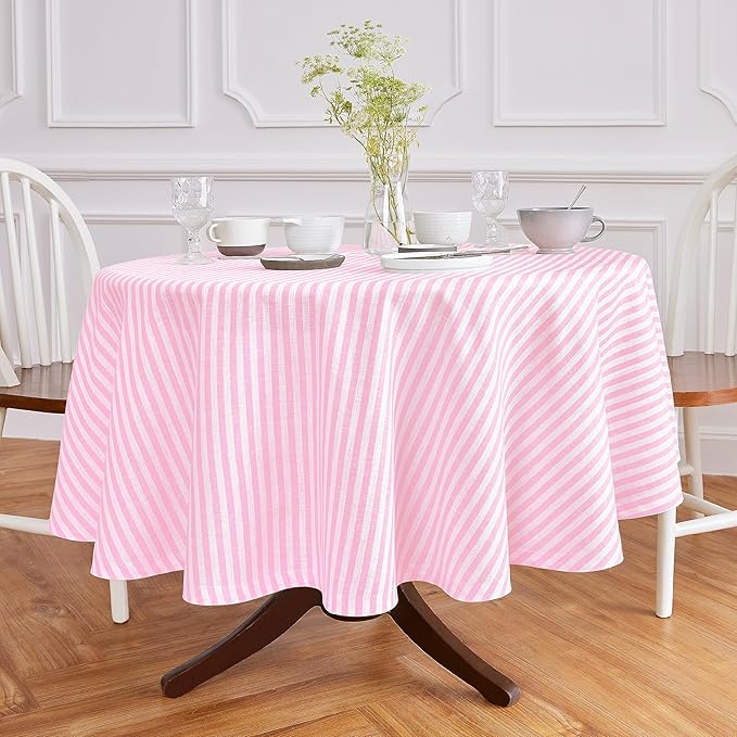Solino Home Linen 60 Inch Round Tablecloth - Amalfi Stripe, 100% Pure Linen Cherry Blossom and White Round Tablecloth - Machine Washable Table Cloth
