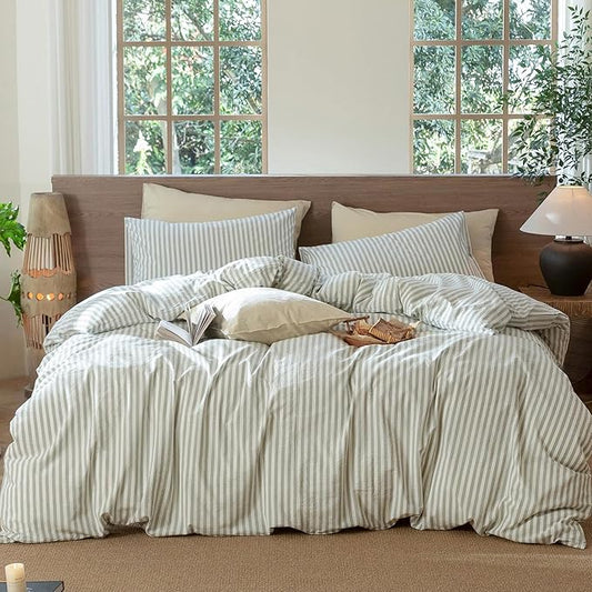 MooMee Striped Duvet Cover Set 100% Washed Cotton Linen Like Textured Breathable Durable Soft Comfy (Sage Green White Classic Stripes, Super King Plus 120"x120")