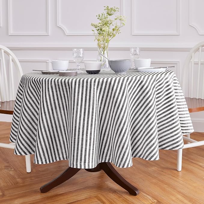 Solino Home Linen Round Tablecloth 70 Inch - Amalfi Stripe, 100% Pure Linen Black and White Round Tablecloth - Machine Washable Table Cloth for Fall, Autumn, Winter, Thanksgiving