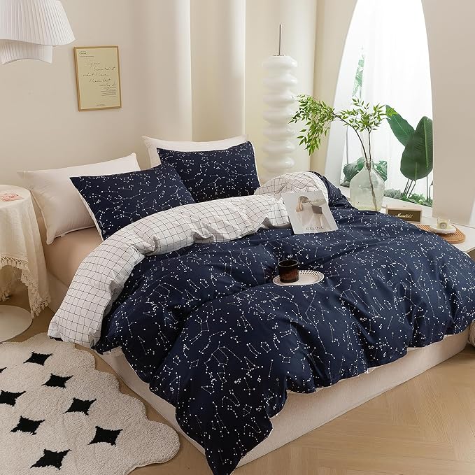ECOCOTT Duvet Cover Queen, 100% Natural Cotton 1 Duvet Cover +2 Pillowcases Bedding Set,Navy and Cosmic Constellation Reversible Printed Pattern Soft Cozy Breathable and Durable Duvet Cover Set
