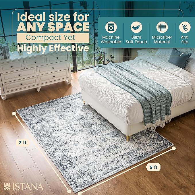 Istana 5x7 Rugs - White Cream/Grey Area Rug - Kid & Pet Friendly Living Room Area Rugs 5x7 - Non Shedding Plush Area Rugs - Foldable Rugs for Bedroom - Eco-Friendly Washable Area Rug