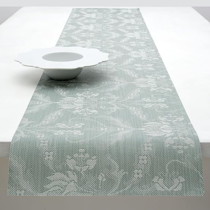 Martha by Martha Stewart | Chilewich Damask Table Runner in Abalone - Easy Care Woven Textile - Indoor/Outdoor - Stain/Fade Resistant - 14" x 72"