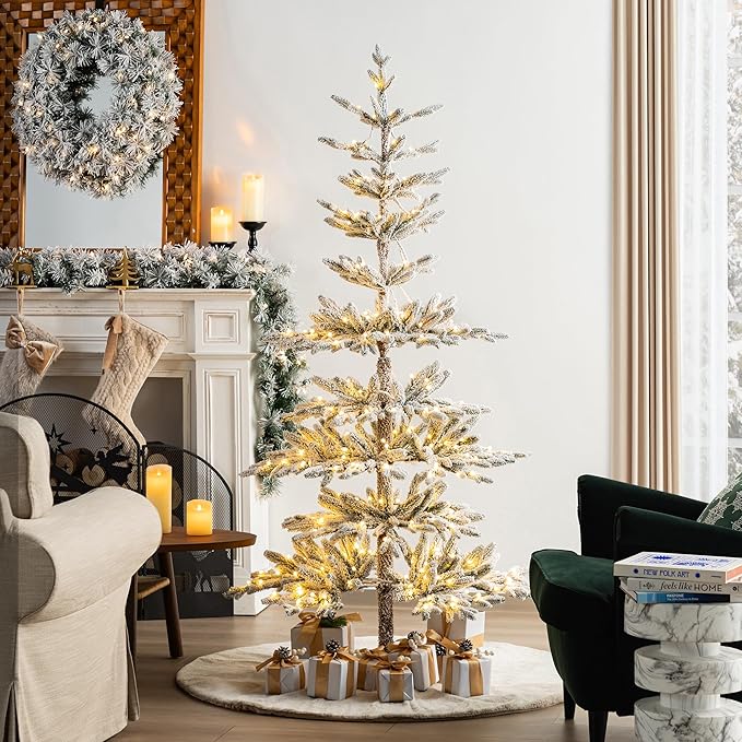Glitzhome Prelit Christmas Tree, 6ft Flocked Artificial Christmas Tree Serene Snowscape Fir with 300 Warm White Lights for Home, Office, Party Decoration, Metal Hinges & Base, Easy Assembly