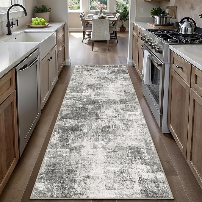 2.6x8 Modern Abstract Rug Washable Area Rugs for Living Room Bedroom Dining Room Non-Slip Low Pile Neutral Large Rug Soft Indoor Floor Carpet, Gray