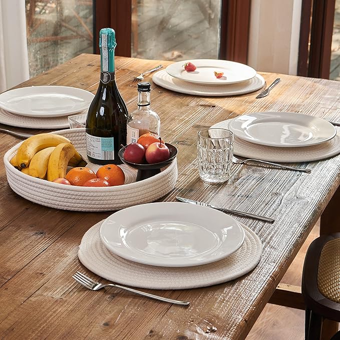 Art PineCone's Woven Cotton Rope Round Placemats Set of 4 with Holder Included, Non-Slip, and Heat Resistant Shabby Chic Placemats (Off White, 13 inches, 6PC)