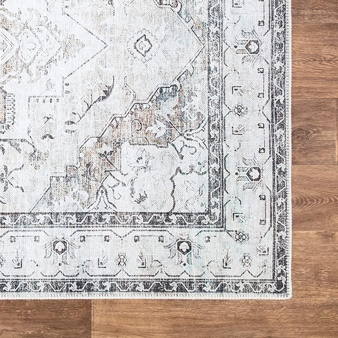 Bloom Rugs Washable Non-Slip 4' x 6' Rug - Brown/Beige/Charcoal Traditional Area Rug for Living Room, Bedroom, Dining Room, and Kitchen - Exact Size: 4' x 6'