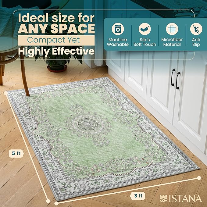 Istana 3x5 Area Rug - Green Modern Rugs for Living Room 3x5 - Foldable Rugs for Bedroom/Living Room Rug - Stain Resistant Washable Rug - Eco-Friendly Small Area Rugs