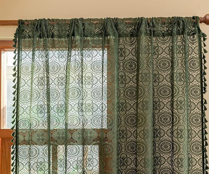 YJ YANJUN Dark Green Lace Curtains 90 Inches Long 2 Panels Boho Crochet Curtains with Tassel for Living Room Country Farmhouse Hollow Drapes for Glass Slide Patio Door W59 x L90 Green