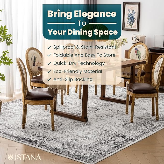 Istana 9x12 Rug - White Cream/Grey Living Room Rug - Foldable Farmhouse Rugs for Living Room - Stain Resistant Easy to Clean Washable Rugs 9x12 - Large Area Rugs Washable