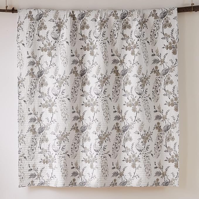 Levtex Home Pisa Reversible Twin XL/Twin Quilt Set (68x86in) with 1 Pillow Sham (26x20in) - Floral Peacock - Grey, Taupe - 100% Cotton Twin Size Quilt Bedding Set - Lightweight, Soft, Pre-Washed
