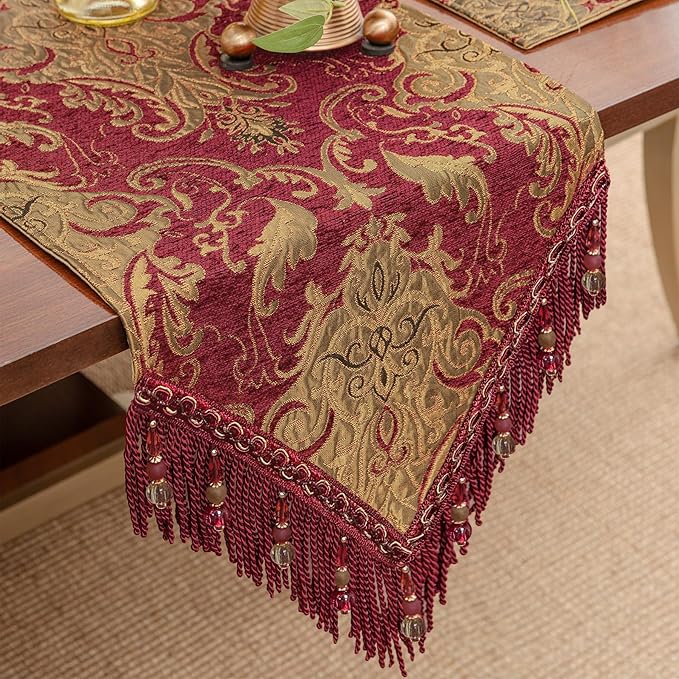 Loom and Mill Luxury Vintage Chenille Table Runner 60 Inches Long, Red Damask Jacquard Table Runners with Multi-Tassels for Dining Room Dresser Party Banquet Christmas Decor(Red,13x60 inch)