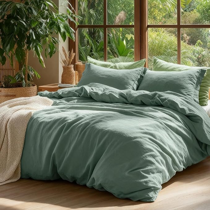 Bedsure 100% Washed Cotton Duvet Cover Queen Size - Iceberg Green Minimalist Cotton Duvet Cover Linen Like for All Seasons - GentleSoft™ Plain Simple Bedding (Iceberg Green, Queen, 90"x90")