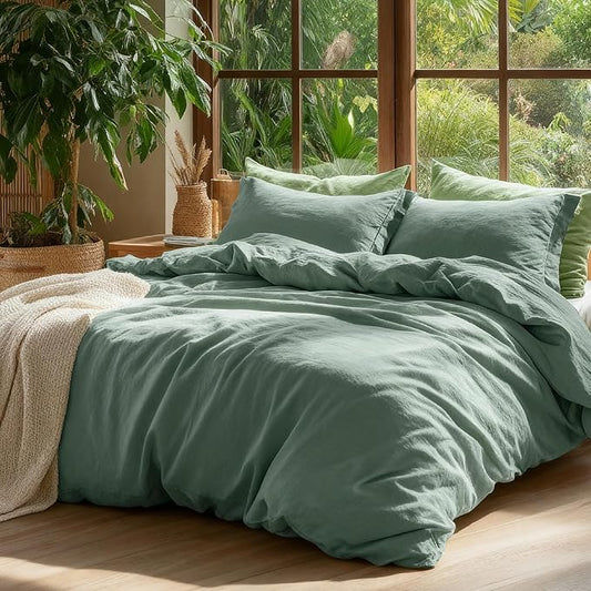 Bedsure 100% Washed Cotton Duvet Cover King Size - Iceberg Green Minimalist Cotton Duvet Cover Linen Like for All Seasons - GentleSoft™ Plain Simple Bedding (Iceberg Green, King, 104"x90")