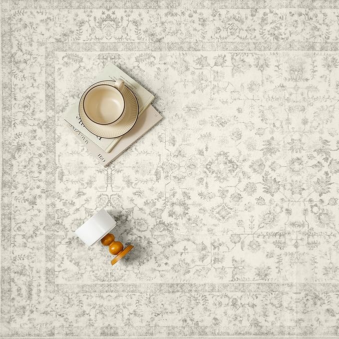 6x9 Grey Area Rug Non Slip Vintage Living Room Distressed Machine Washable Carpet Traditional Indoor Bedroom Grey Retro Floral Accent Throw Rug for Office Kitchen Dorm Dining Room