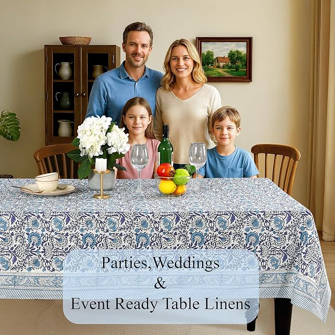 CPC Tablecloth 100% Cotton 72x190 Inch Indian Block Print Rectangle Table Cover, Blue Table Cloth for Weddings, Spring/Summer, Barbeque - Indigo Blue