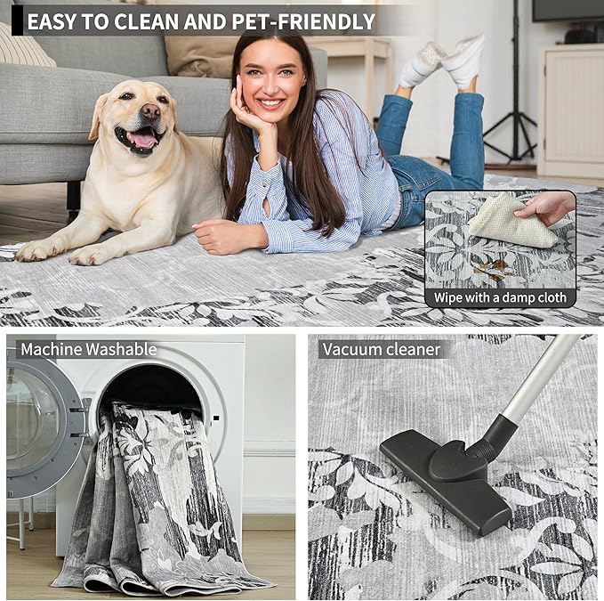 Keeko 5x7 Area Rugs for Living Room, Modern Abstract Floral Pattern Rugs for Bedroom, Soft Washable Rug with Non-Slip Backing Low-Pile Non-Shedding Carpet for Kitchen Home Office Dining Table - Grey