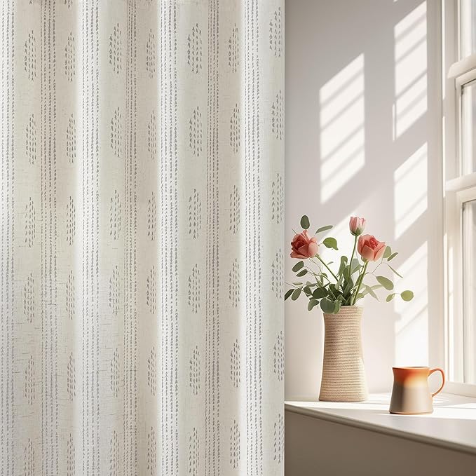 Boho Linen Curtains for Bedroom Living Room Grey Farmhouse Boho Curtains 96 Inches Long Geometric Striped Patterned Mudcloth Grommet Top Light Filtering Window Drapes 2 Panels Gray on Beige