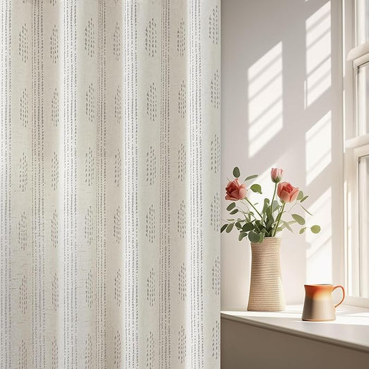Boho Linen Curtains for Bedroom Living Room Grey Farmhouse Boho Curtains 96 Inches Long Geometric Striped Patterned Mudcloth Grommet Top Light Filtering Window Drapes 2 Panels Gray on Beige