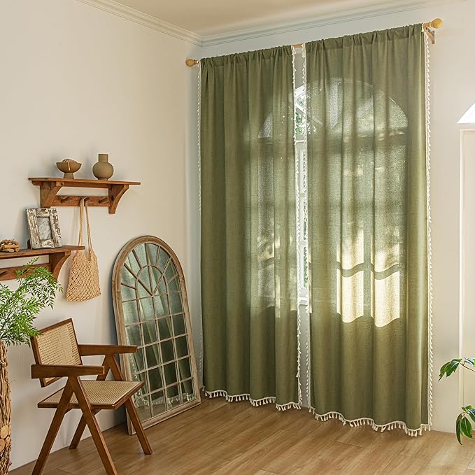 Sutuo Home Boho Curtains for Living Room 96 Inches Long, Bohemian Linen Textured Curtains with Tassels, Semi Blackout Farmhouse Drapes, Rod Pocket Window Treatments 2 Panels, 52" x 96", Olive Green