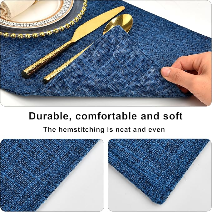 SLKQG Navy Linen-Look Fabric Placemats Set of 6, Heat Resistant & Machine Washable Double-Layered Cloth Placemats for Dining Table, Indoor/Outdoor Use, Non-Slip Kitchen Table Mats (6, Navy)