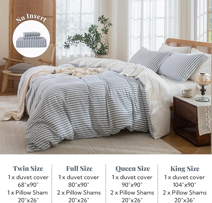 MILDLY Blue Striped Duvet Cover - 100% Washed Cotton Jacquard Boho Textured Comforter Cover 2pcs with Zipper Closure 68"x90"