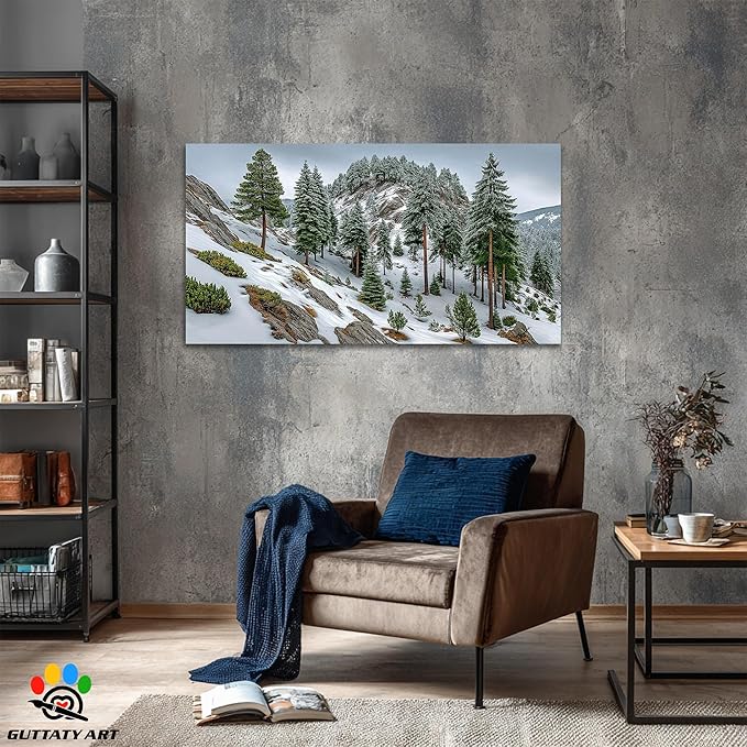 GUTTATY Christmas Winter Scene Canvas Wall Art, Snowy Forest Canvas Prints, Pine Tree Wall Painting, Serene Nature Poster Picture, Tranquil Landscape Wall Decor for Living Room, Bedroom, 60x30 Inch
