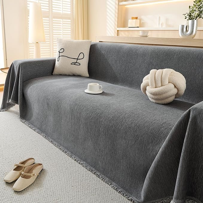 100% Waterproof Couch Cover Sofa Covers for Sectional Couches Reclining Armseat/Chair/Futon Sofa SlipCover for Dog Pet-Friendly Furniture Protector for Living Room with Tassel(91" x 134", Gray)