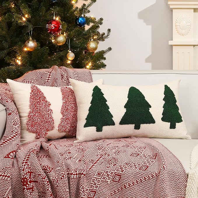 Lewondr Christmas Throw Pillow Covers, 2 Pack Christmas Tree Embroidery Decorative Throw Pillow Case Sofa Cushion Cover for Party Thanksgiving Day Xmas Decor 12"x20"(30x50cm), Beige