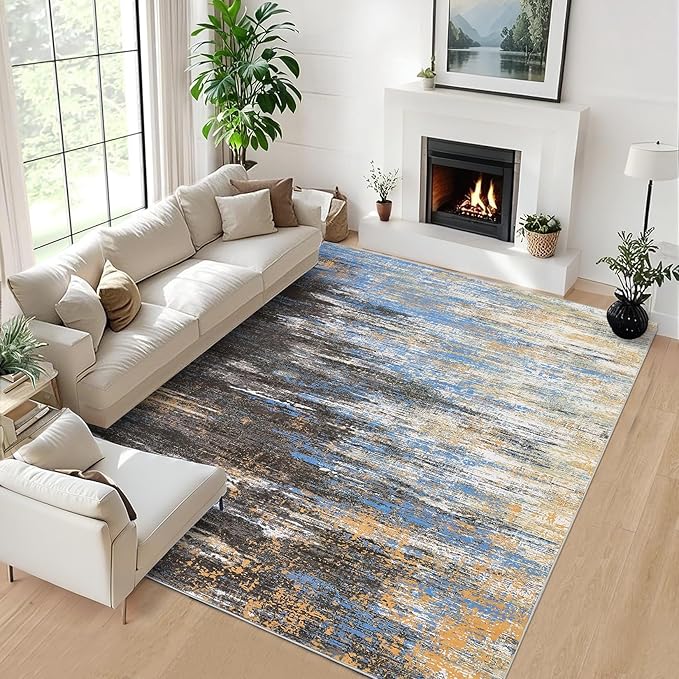 Washable Rug 5x7 Abstract Area Rug for Living Room, Non Slip Foldable Soft Rugs for Bedroom, Stain Resistant Rugs Modern Fuzzy Rug, Indoor Floor Carpet for Entryway Home, Blue/Brown