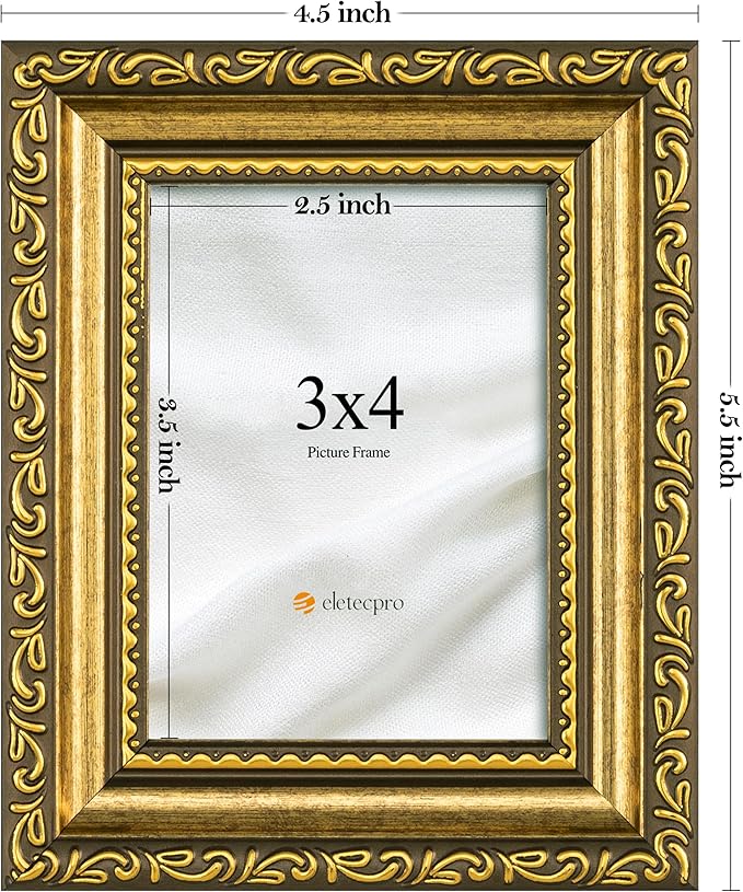 eletecpro 3x4 Picture Frames Set of 2, Ornate Vintage Photo Frame with Glass, Rustic Gold Frames Display 3 x 4 Photo for Tabletop, Gold