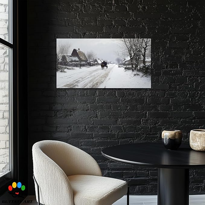 GUTTATY Christmas Winter Scene Canvas Wall Art, Countryside Snow Pictures, Rustic Wall Decor with Horse Carriage, Serene Canvas Painting for Living Room, Bedroom, Holiday Home Decor, 48x24 Inch