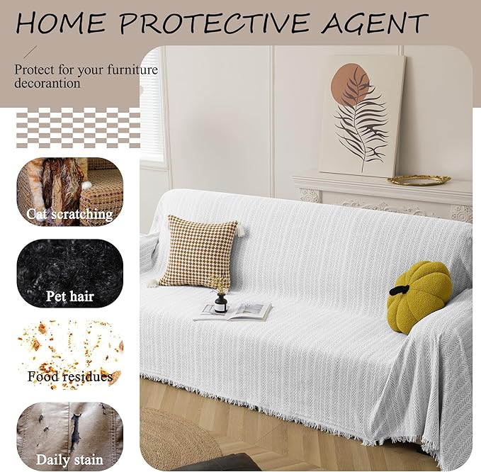 ALIECOM Boho Couch Covers for Sectional Sofa 2 Piece Thick Chenille L Shape Sectional Sofa Cover Dog Couch Cover Blanket Sofa Slipcovers Pet Furniture Protector Washable (XX-Large, Lines Light Grey)