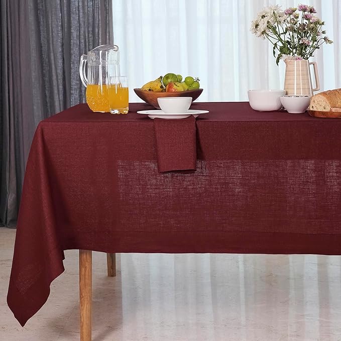D'Moksha Homes Linen Tablecloth 60 x 102 Inch - 100% Pure Linen Dark Red Table Cloth for Rectangle Tables - Machine Washable Cloth Tablecloth for Fall, Thanksgiving, Christmas, Holiday