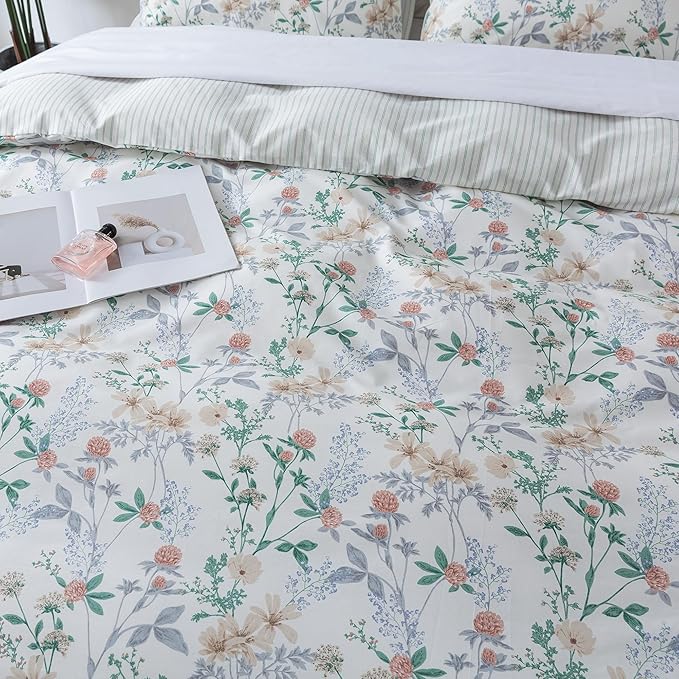 HoneiLife Cotton Duvet Cover King - Botanical Comforter Cover, 3-PC Bedlinen for Set with Zipper Closure & Corner Ties, Sweat-Absorption Comforter Cover Sets, Desert Rose