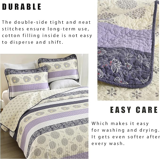 Homzard Cotton King Size Quilt Set,Purple Beige Quilted Comforter,Striped Floral Pattern Bedding Set,Lightweight Reversible 3 Piece Bedspread,3 Piece