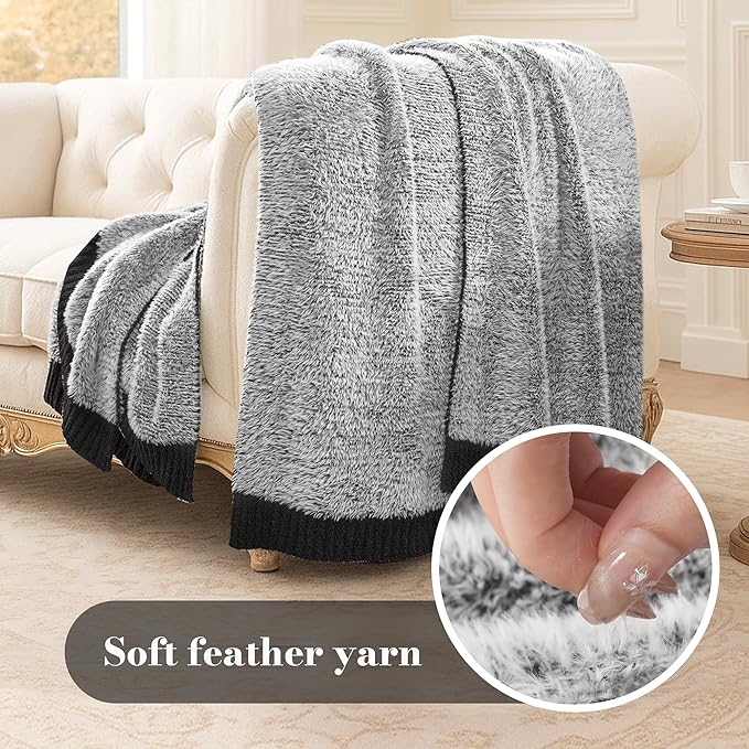 Amélie Home Knit Throw Blanket for Couch, Super Soft Fuzzy Blanket for Sofa, Luxury Cozy Fluffy Throw for Room Decor, 50" x 60", Heather Black