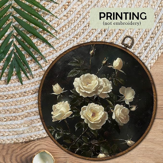 cvjutf Vintge Moody Rose Floral Wall Art Decor Framed, Dark Academia Antique Botanical Floral Round Wall Decor, Retro Dark Cottagecore Flower Canvas Prints Art for Gallery Bedroom Living Room, 10x10