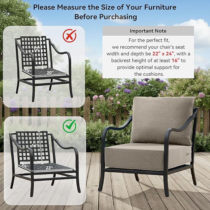 6" Thick Outdoor Cushions 22x24x6, 2-Set Deep Seat Patio Cushions with Removable Cover, Waterproof & Fade Resistant Replacement for Wicker Chair, Loveseat, Sofa - Grey