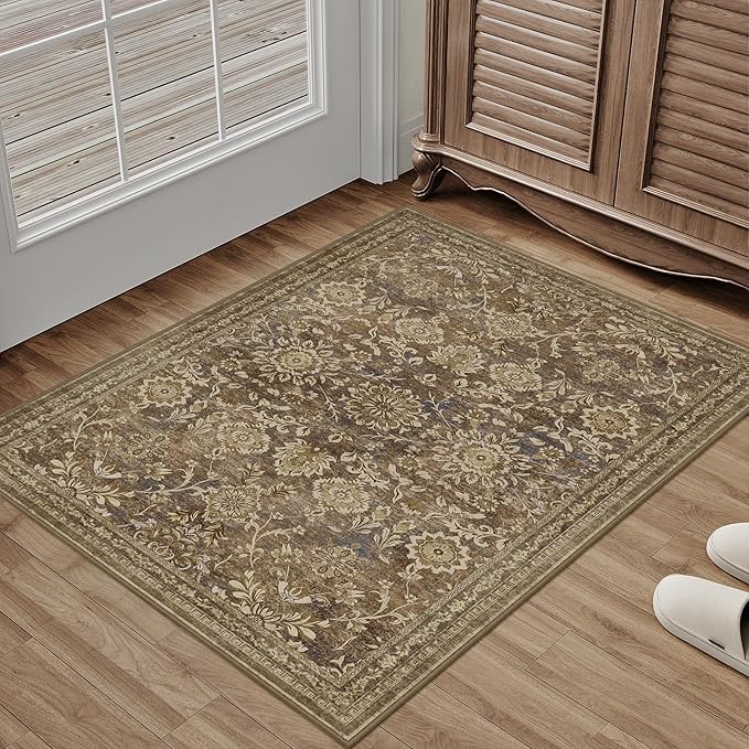 2x3 Entryway Carpet Brown Vintage Indoor Non Slip Area Rug Kitchen Washable Door Mat Living Room Entrance Small Low Pile Traditional Distressed Retro Floral Accent Throw Rug Office Bathroom