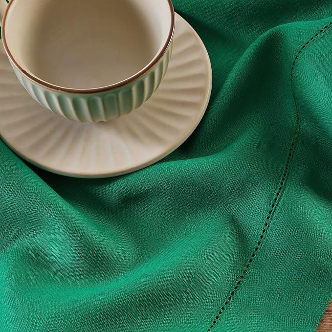 Solino Home Linen Emerald Green Tablecloth 52 x 52 Inch - 100% Pure Linen Square Table Throw - Classic Hemstitch, Machine Washable Table Cloth for Christmas