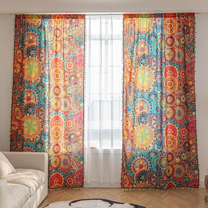 Boho Curtains Geometric Light Filtering Semi-Blackout Window Curtains 102 Inches Long Rod Pocket Drapes for Living Room 2 Panels-Dot Colorful