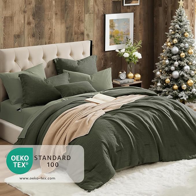 Geniospin Dark Olive Green Queen Comforter Set - 7 Pieces Comforter Queen Size, Solid Bedding Set for All Season, Textured Bed in a Bag with Sheets
