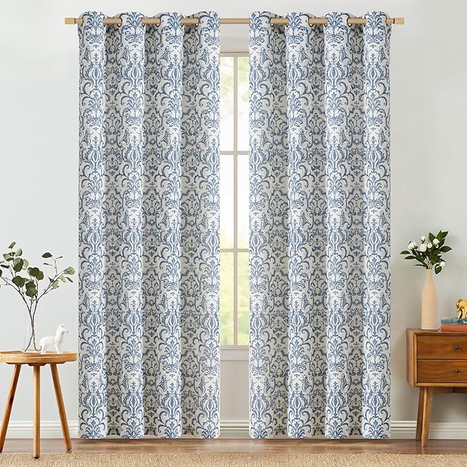 jinchan Curtains for Bedroom, Light Filtering Curtains 72 Inch Length 2 Panels Set, Baroque Style Linen Drapes for Living Room, Vintage Damask Patterned Window Treatments, Grommet Slate Blue on Flax
