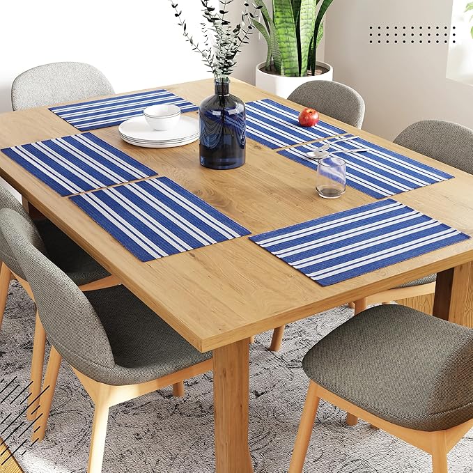 Encasa XO Dining Placemat Set of 6 | Solid Franca Blue Stripes Color | Fine Ribbed Cotton Table mat | Size 19x13 in |for Dining Table Fall Decoration, Holiday & Christmas Festivals - Machine Washable