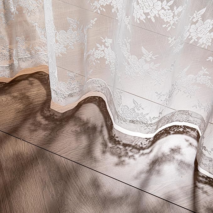MEETSKY Short Lace Curtains 45 Inches Long 2 Panels Set Vintage Floral Sheer Kitchen Curtains for Small Windows Back Tab Rod Pocket French Elegant Light Filtering Drapes, 50" W Each Panel, White