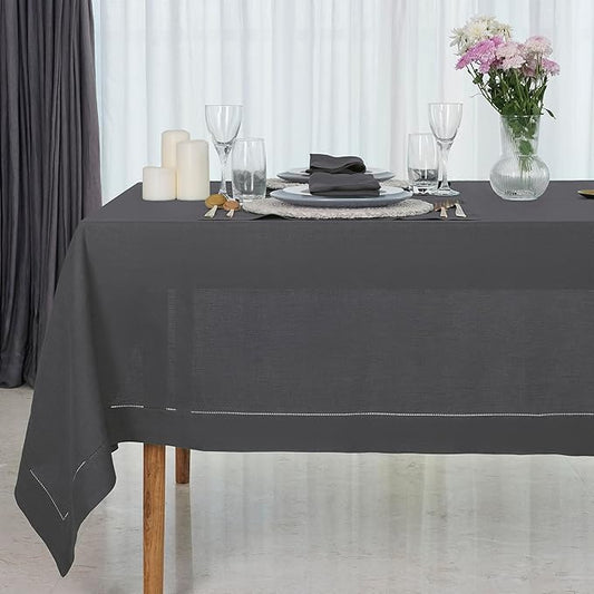 D'Moksha Homes Charcoal Grey Linen Tablecloth 60 x 108 Inch - 100% Pure Linen Grey Table Cloth for Rectangle Tables - Classic Hemstitch, Machine Washable Tablecloth for Thanksgiving