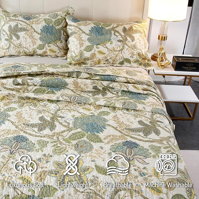 DURLENGEN Forest 100% Cotton King Quilt 3Pcs,Bohemian Reversible Leaves & Flowers Pattern on White, Luxury Lightweight Coverlet Sets for All Season(King 106x96,Forest)