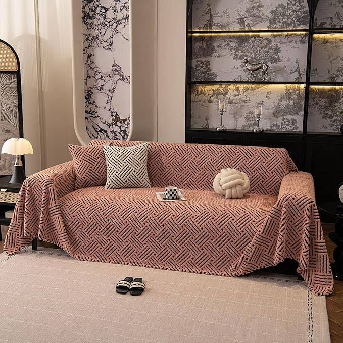 ROOMLIFE Striped Boho Pink Couch Cover for 2-3 Cushion Sofa, Fuzzy Plush Warm Sofa Slipcovers Sectional Sofas Covers, Non Slip Washable Furniture Protector Soft with Tassel,Winter 71''X134”